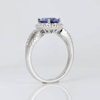1.0ct Blue Sapphire Oval Cut Diamond Engagement Ring with Halo