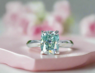 3.0 ct Blue Green Cushion Cut Moissanite Engagement Ring