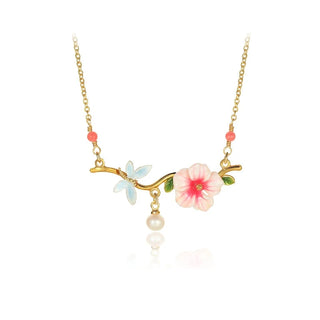 Dragonfly Hibiscus Enamel Flower with Pearl Necklace