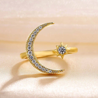Crescent Moon & Star Yellow Gold Adjustable Open Ring
