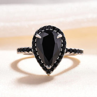 Gorgeous Pear Cut Black Diamond with Halo Engagement Ring