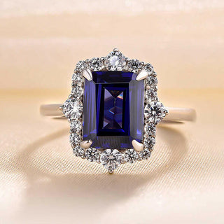 Emerald Cut 3.0 ct Blue Sapphire Diamond Engagement Ring with Halo