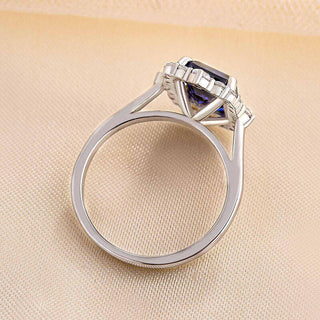 Emerald Cut 3.0 ct Blue Sapphire Diamond Engagement Ring with Halo