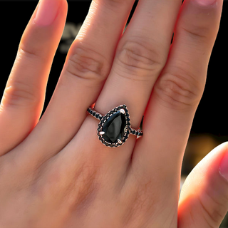 Unique Pear Cut Black Diamond with Halo Rose Gold Engagement Ring