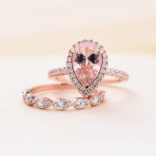 Pear Cut Synthetic Morganite with Halo Bridal Set