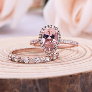 Pear Cut Synthetic Morganite with Halo Bridal Set