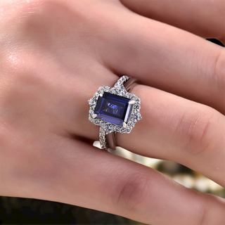 Emerald Cut 3.0ct Blue Sapphire with Halo Bridal Set