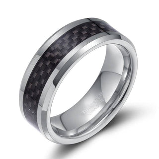 Unisex Beveled Edge Tungsten Wedding Band with Black Carbon Fiber