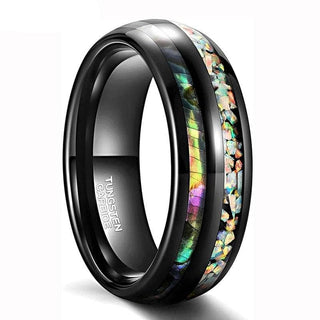 Black Tungsten Men's Wedding Band with Galaxy Opal & Abalone Shell