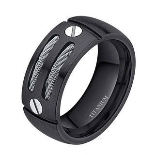 Punk Titanium Men's Wedding Band with Stainless Steel Cable