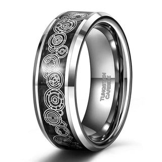 Tungsten Unisex Wedding Band with Carbon Fiber Steampunk Wheel Inlay