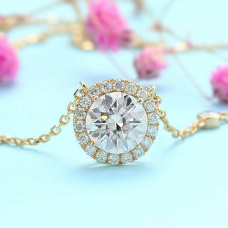 14K Yellow Gold 2.0 Ct Round Cut Moissanite Halo Pendant Necklace