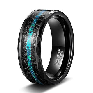 Multi-Faceted Edge Tungsten Wedding Band with Sand & Blue Green Opal Inlay