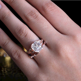 14k Rose Gold 3.0 Ct Asscher Cut Moissanite Engagement Ring Set