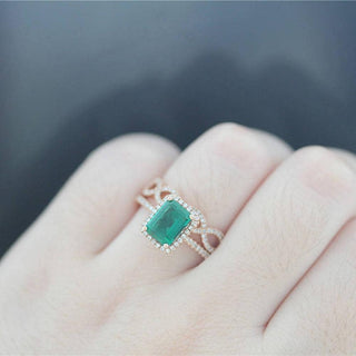 Emerald Cut Green Moissanite 14K Rose Gold Wedding Ring Set