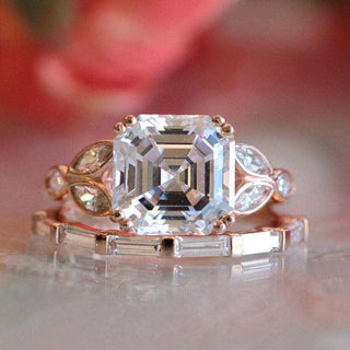 14k Rose Gold 3.0 Ct Asscher Cut Moissanite Engagement Ring Set