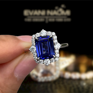 Emerald Cut 3.0 ct Blue Sapphire Diamond Engagement Ring with Halo