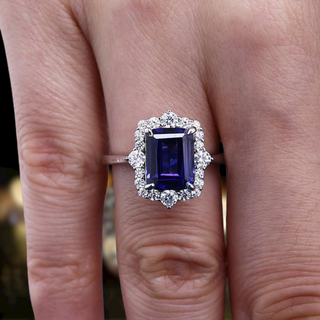 Emerald Cut 3.0 ct Blue Sapphire Diamond Engagement Ring with Halo