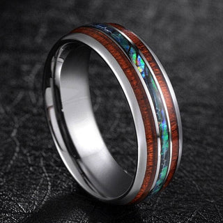 Tungsten Men's Wedding Band with Wood & Abalone Shell