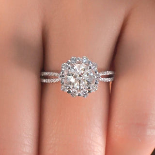 Round Moissanite Halo Flower Art Deco Engagement Ring