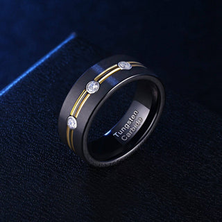 Tungsten Created Diamond Double Gold Lines Men's Wedding Band