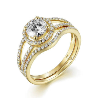10k Yellow Gold 1.0 Ct Round Moissanite Halo Engagement Ring Set