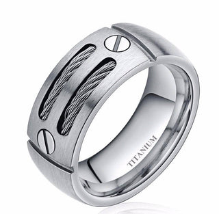 Punk Titanium Men's Wedding Band with Stainless Steel Cable