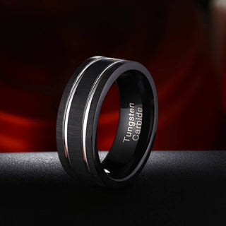 Matte Black Tungsten Wedding Band with Silver Groove