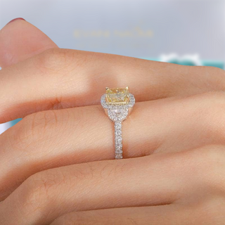 18k White Gold Yellow Cushion Cut Moissanite Halo Engagement Ring