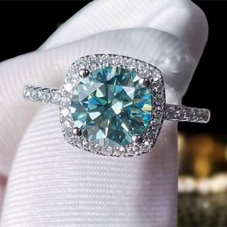 2.0 Ct Blue Green Round Moissanite Halo Engagement Ring