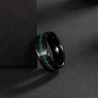 Multi-Faceted Edge Tungsten Wedding Band with Sand & Blue Green Opal Inlay
