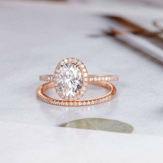 14k Rose Gold Oval Cut Moissanite Halo Bridal Ring Set