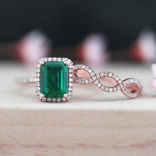 Emerald Cut Green Moissanite 14K Rose Gold Wedding Ring Set
