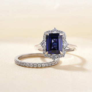 Emerald Cut 3.0ct Blue Sapphire with Halo Bridal Set