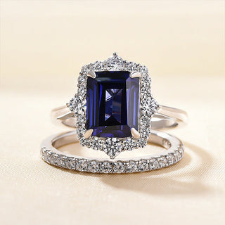 Emerald Cut 3.0ct Blue Sapphire with Halo Bridal Set