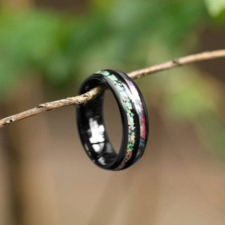 Black Tungsten Men's Wedding Band with Galaxy Opal & Abalone Shell