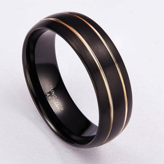 8mm Black Domed Tungsten Men's Wedding Band with Gold Line