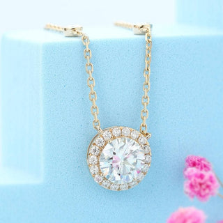 14K Yellow Gold 2.0 Ct Round Cut Moissanite Halo Pendant Necklace