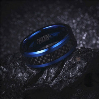Blue Tungsten Unisex Wedding Band with Black Carbon Fiber Inlay
