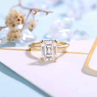 14K Yellow Gold Emerald Cut Moissanite Solitaire Engagement Ring