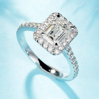 Classic 14K White Gold 1.0 Ct Emerald Cut Halo Moissanite Engagement Ring