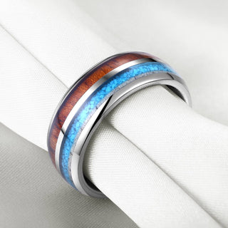 Domed Tungsten Men's Wedding Band with Blue & Wood Inlay