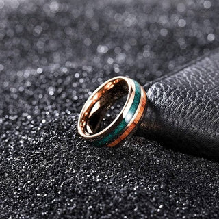 Rose Gold Tungsten Men's Wedding Band with Wood & Turquoise Inlay