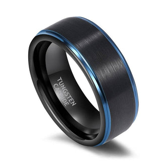 Black Brushed Tungsten Men's Wedding Band with Blue Edge