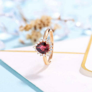 Pear Cut Garnet Moissanite 14K Rose Gold Halo Engagement Ring