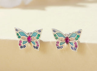 Colorful Created Diamond Butterfly Stud Earrings