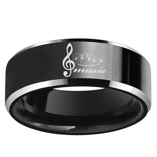 Black Beveled Edge Tungsten Wedding Band with Musical Note