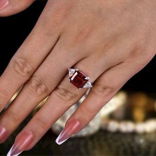 Ruby Radiant & Triangle Cut Three Stone White Gold Engagement Ring