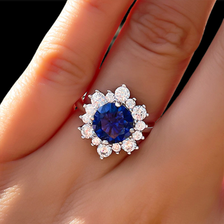 Round Cut Blue Sapphire Snowflake Design Engagement Ring