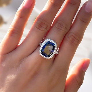 Cushion Cut 8.0ct Blue Sapphire with Halo Engagement Ring